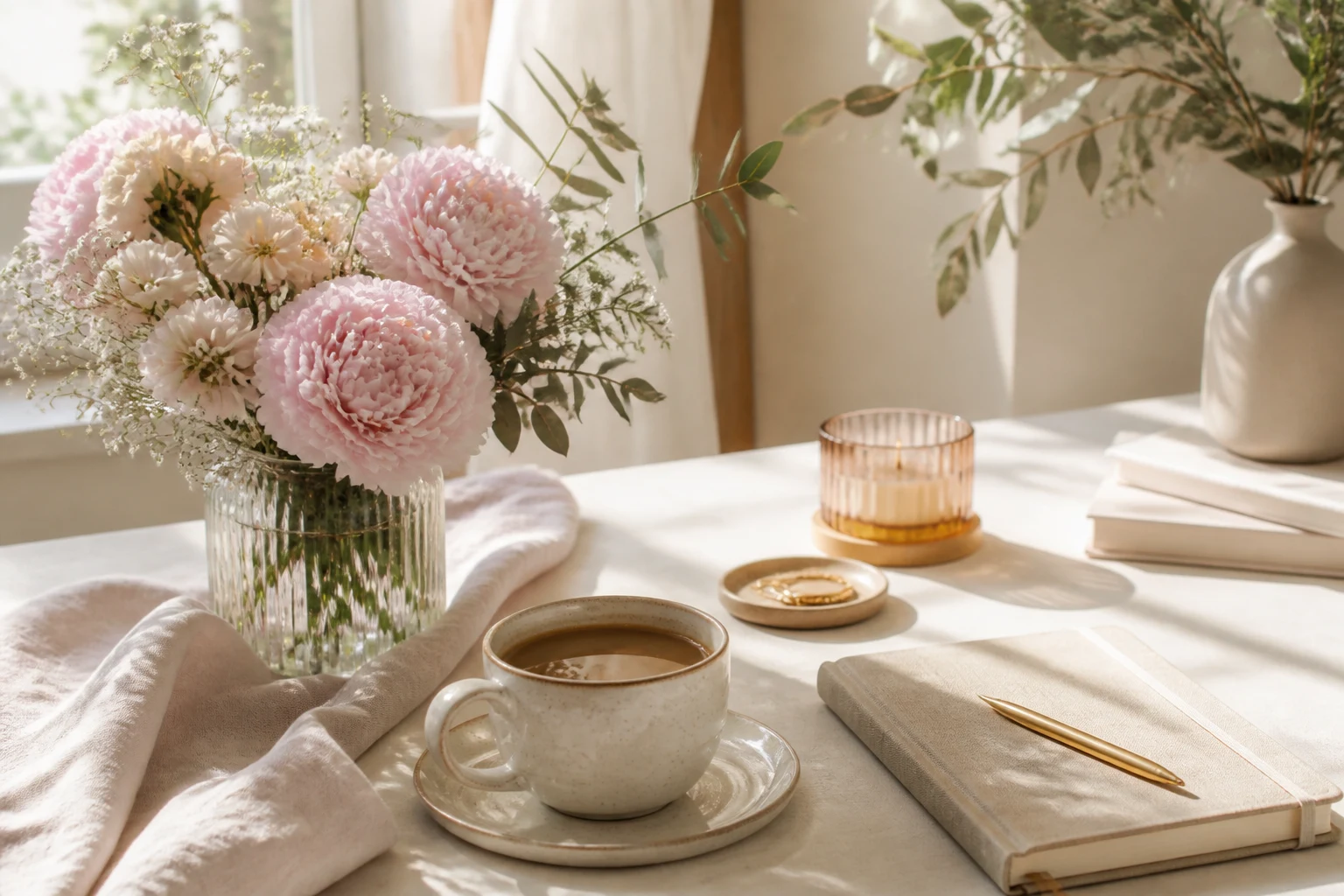 Soft pink flowers, coffee, candle, and notebook on a sunlit table.